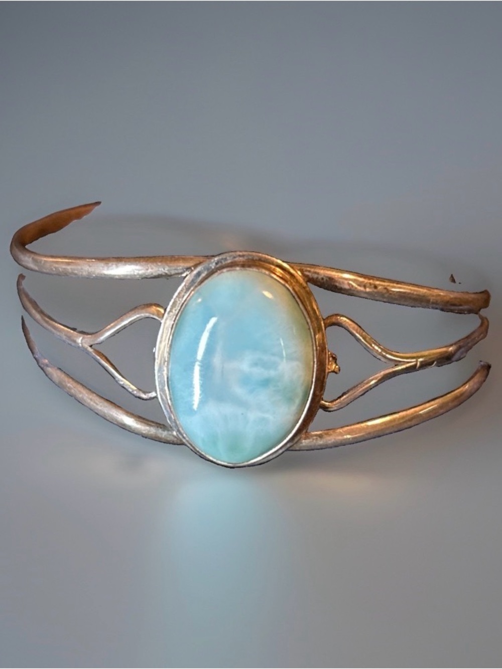 Silver Cuff Bracelet with Blue Larimar Stone